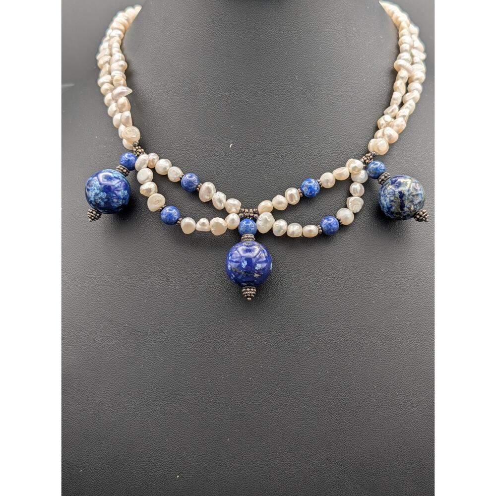 Lapis Lazuli Baroque Pearl Sterling Silver Festoon Swag Statement Necklace 925
